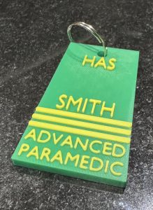 Heartingshire Ambulance Service HAS Advanced Paramedic Keyring/BagTag with a customised name